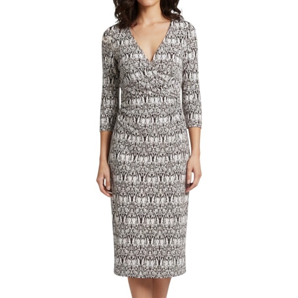 ADRIANNA PAPELL Lined Bodycon Dress BROWN/IVORY DAMASK PRINT Stretch Knit 8